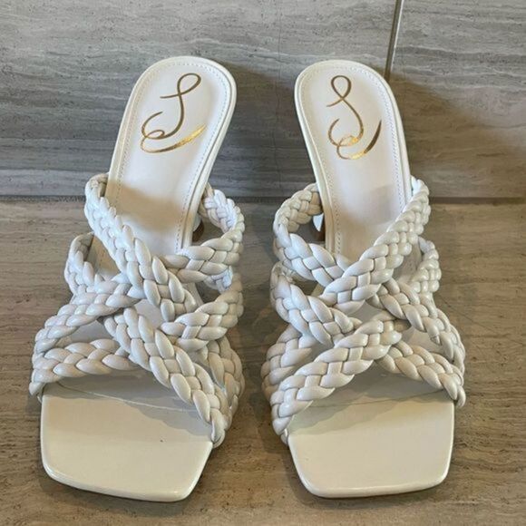 Sam Edelman Marjorie Braided Leather Heels Open Square Toe White Slides US 7 NEW